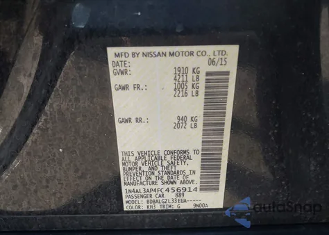 2015 Nissan Altima 2.5/2.5 S/2.5 Sl/2.5 Sv from USA, damaged, VIN 1N4AL3AP4FC456914